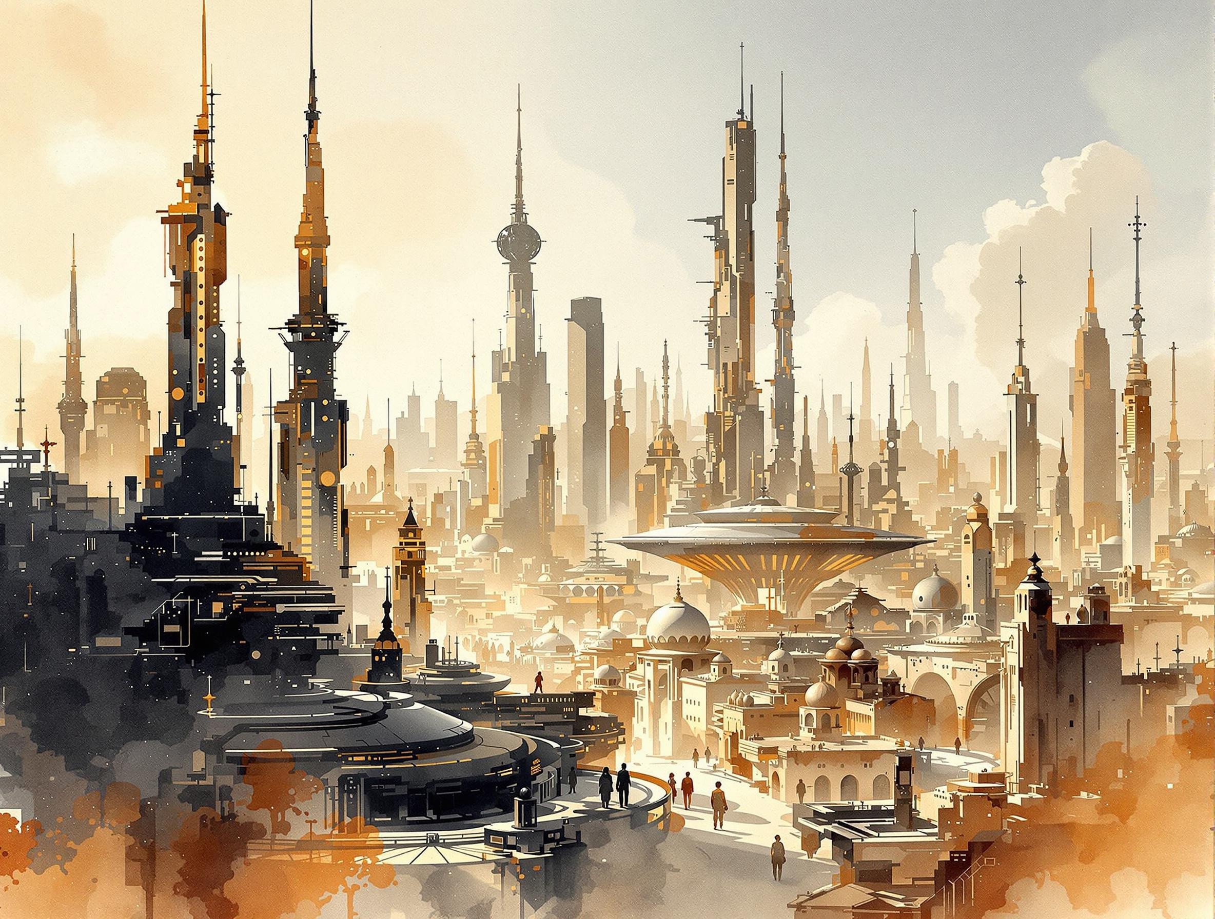 A bold inkplash-meets-watercolor wash artwork, expertly painted on rice paper using rich sepia, burnt henna, and ink-black hues. an advanced sci-fi cityscape, with gleaming towers and skyscrapers, clear sky