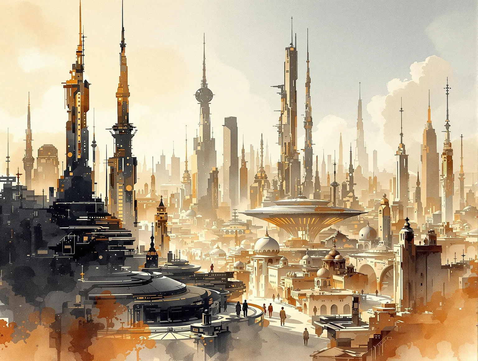 A bold inkplash-meets-watercolor wash artwork, expertly painted on rice paper using rich sepia, burnt henna, and ink-black hues. an advanced sci-fi cityscape, with gleaming towers and skyscrapers, clear sky
