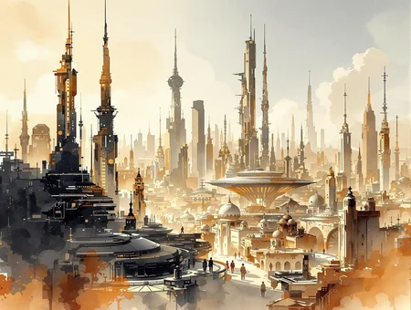 A bold inkplash-meets-watercolor wash artwork, expertly painted on rice paper using rich sepia, burnt henna, and ink-black hues. an advanced sci-fi cityscape, with gleaming towers and skyscrapers, clear sky