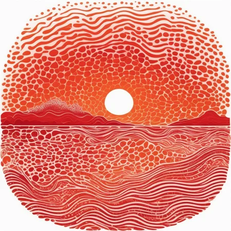lino:halftone red-hot charred marbled thumbprint whorl sunset over idyllic island, shockwaves, aboriginal, interference pattern, rolling thunder, ocean swirl, little fluffy clouds, whirlpool, blood orange style