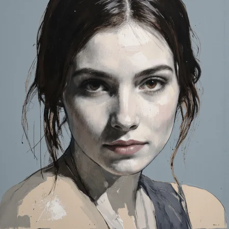 Art by Mark Demsteader. A close-up portrait of a woman, captured in a monochrome, abstract style from a portrait camera angle. the subject, a young woman with fair skin and dark hair, is positioned in the middle of the image, looking directly at the viewer with her large, expressive brown eyes. her expression is serene and contemplative, with a slight smile on her lips. she appears to be in her early twenties, with her hair styled in loose, messy strands framing her face. the background is a soft, muted blue and beige color, blending seamlessly with the subject's features, creating a sense of depth and texture. the image is high quality, with no visible jpeg artifacts, and a watermark in the bottom right corner.