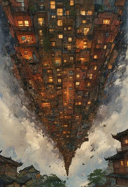 a circular building in the middle of a city, still from alita, japanese art, cinq terre, ryan meinerding, surreal photo, inside the picture is infinity, 8k highly detailed โค๏ธโ๐ฅ ๐ฅ ๐ ๐ค ๐, houses on stilts, futurama, pulled into the spiral vortex, inhabited on many levels, kyoto, otclillsn, FRESHIDEAS Real Photography 2#, fenliexl, mixed media, surrealism, great lighting, In a surreal dreamscape, a cityscape with impossible architecture emerges from the swirling mist. Distorted skyscrapers twist like Escher-esque staircases, while streets warp into Mobius strips. A lone figure, suspended mid-air, appears trapped in an optical illusion of reflections and refractions. The sky above ripples like water, distorting the sense of up and down. In this bizarre landscape, one altered element can send the entire scene careening into chaos.