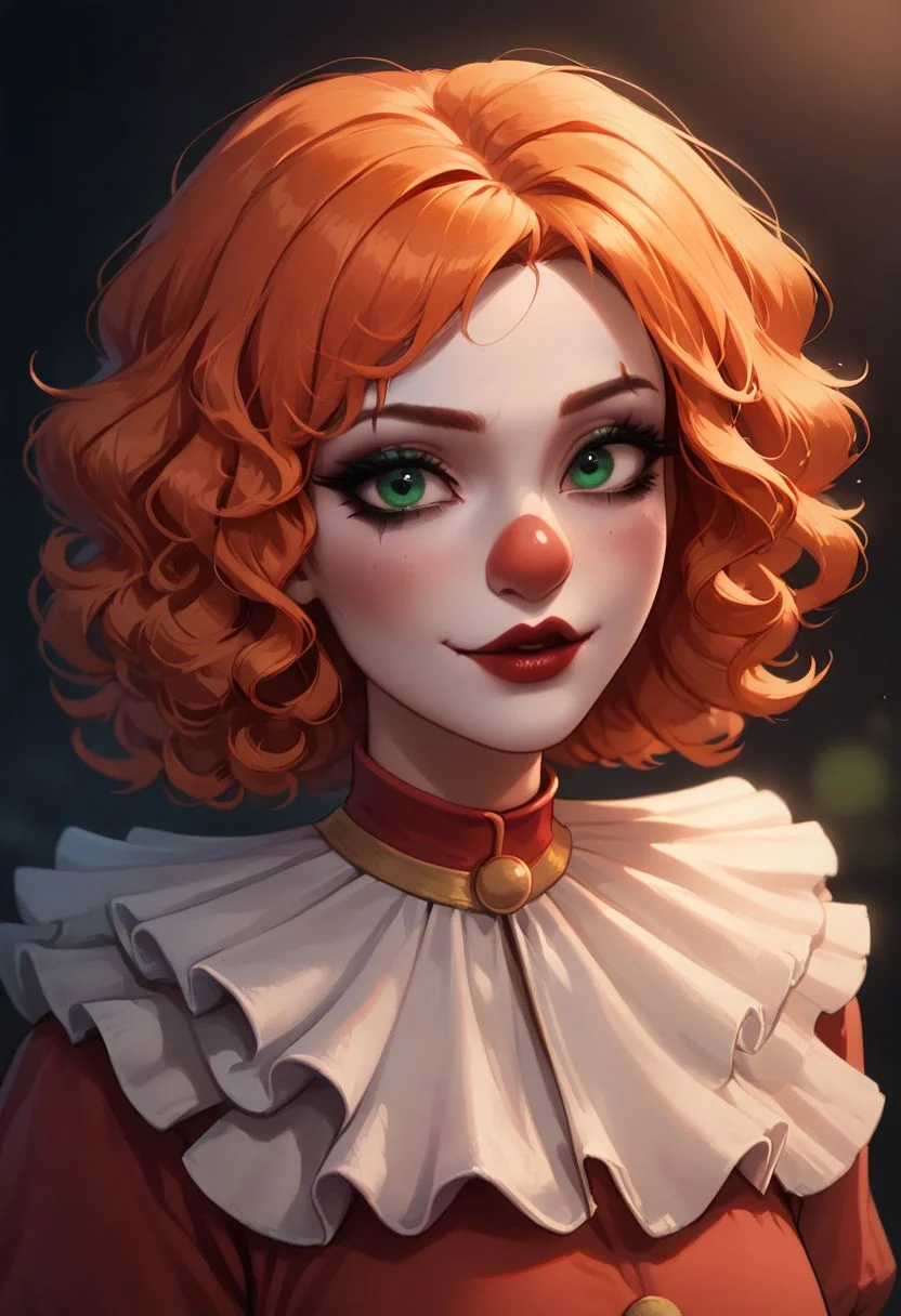 (((beautiful, high quality))), upper Body, score_9, score_8_up, score_7_up,
looking at the viewer, posing,
Clown, Clown makeup, clown costume, colorful clown costume, red clown nose, 1girl, ginger curly hair, green eyes,
dark background, blurred background,