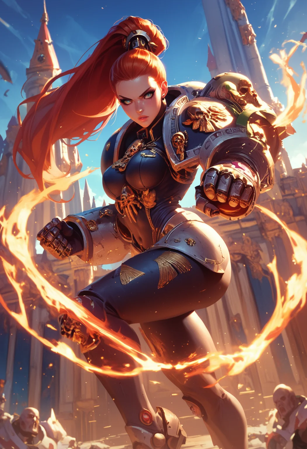 score_9, score_8_up, score_7_up, 
space marine, beautiful woman, redhead, ponytail, action pose, palace,
hkmagic, DeathW40K