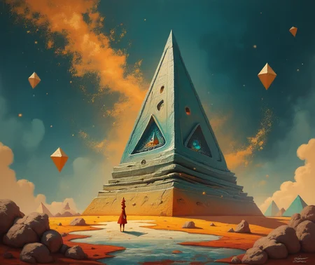 score_9, score_8_up, score_7_up, score_6_up,score_5_up, A crystal pyramid, shrouded in maroon dust particles, stands in surreal contrast against a deep, rich color palette. The composition is masterfully balanced, with perfect symmetry and an epic atmosphere that draws the viewer into the dreamlike, enchanted world where the pyramid resides., highly detailed, gritty, cinematic, abstract <lora:ponys-dream:.9>