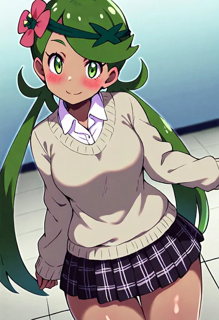 masterpiece, best quality, absurdres, medium breasts, (curvy), cute, eyelashes, vivid colors,
BREAK,
,,,
zzMallow, green hair, green eyes, hair flower, hair ornament,
,,,
closed mouth, alternate costume, smile, looking at viewer, collared shirt, blush, sweater, black skirt, eyelashes, long sleeves, sleeves past wrists, plaid skirt, blurry, tile floor, pleated skirt, white shirt, cowboy shot,
