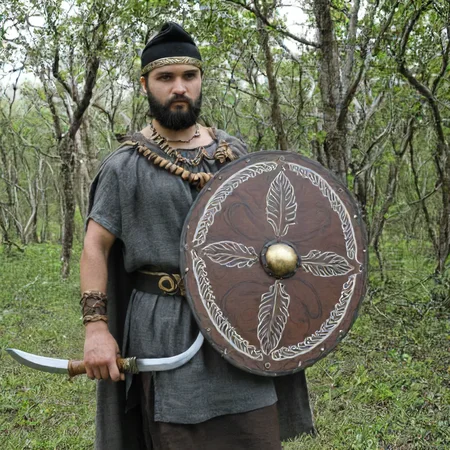 dacian warrior, phrygian cap, falx (weapon), dacian shield, solo, looking at viewer, black hair, 1boy, holding, jewelry, weapon, male focus, outdoors, sword, necklace, tree, headband, facial hair, nature, beard, forest, shield, holding shield<lora:dacii:1>