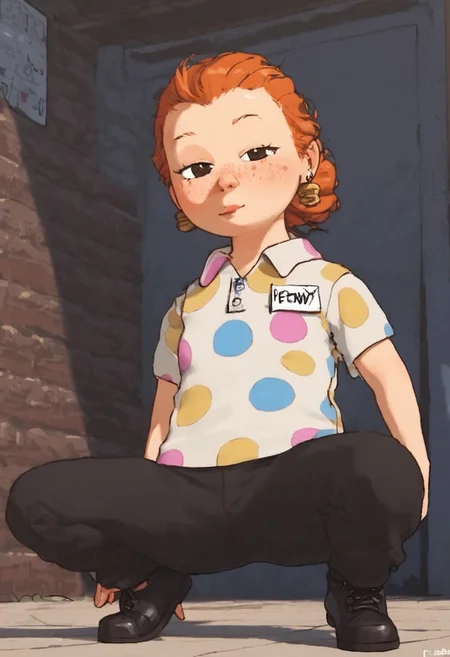 penny_bgtpb_casual, 1girl, chibi, curly orange hair (redhead, hair bun), big eyes, black eyes, freckles, earrings, white polo shirt (multicolored polka dots, name tag), black pants, black shoes, score_9_up, score_8_up, score_7_up, BREAK, 1girl, solo, from below, head tilt, horny, crouching, ninja pose, spreading legs, looking at viewer, detailed background, trailer park, masterpiece, best quality, 8k, Expressiveh,