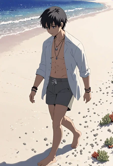 Highres, Masterpiece, High Quality, 4K, 8K, solo, 1Boy, Takaki Toono, adult, black hair, short hair, beach, calm, white sand, small coral, pebbles, clear sky, quiet, peaceful, walking, candid, breeze, footprints, happy, open shirt, shorts, sixpack, necklace, bracelet, easynegative, detailed_eye_model