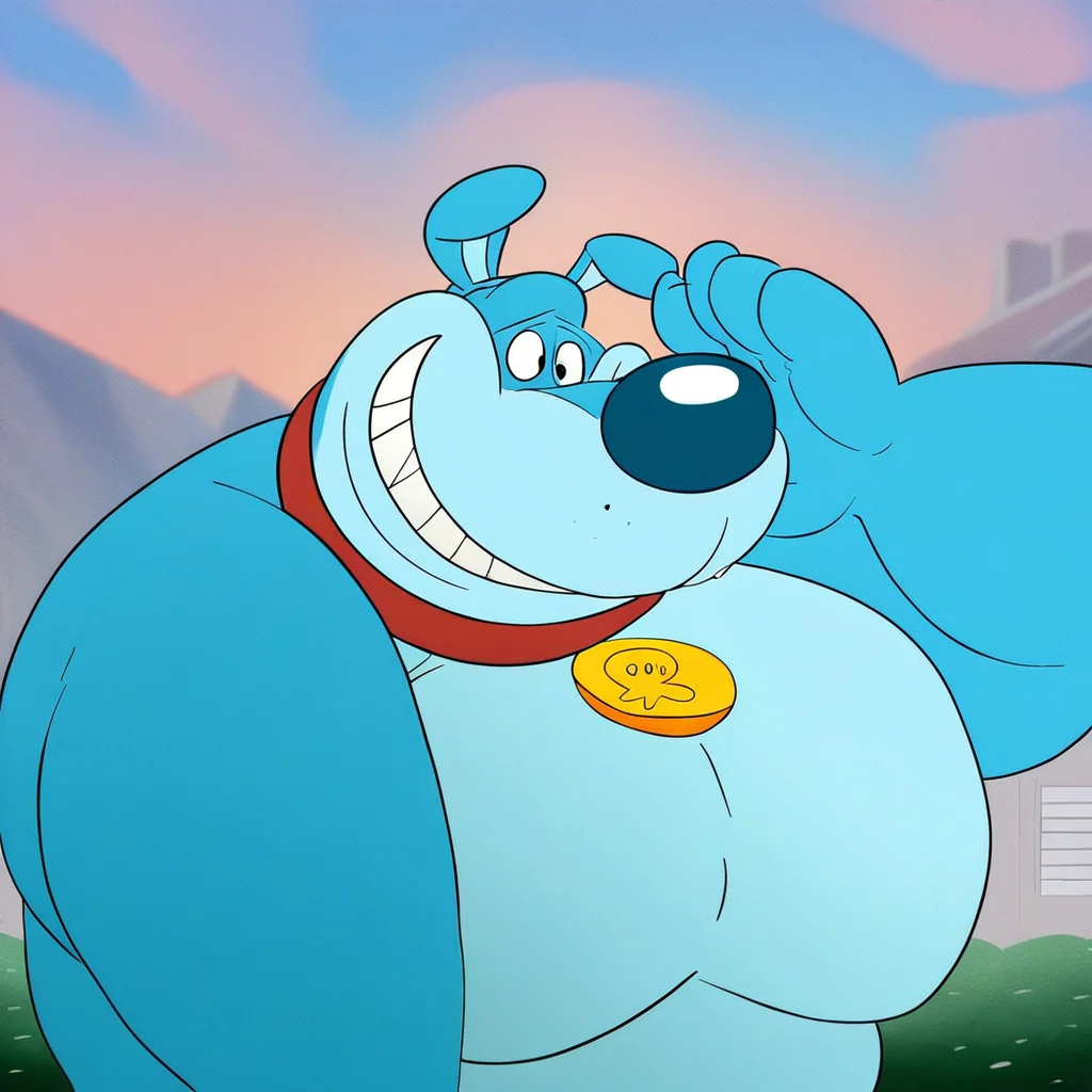 score_9, score_8_up, score_8, furry, MeatDog, canine, blue fur, blue body, blue nose, red collar, cartoon style, 2d, overweight male, huge pecs, solo, upper body focus, face close up, looking at viewer, devious smile, grin, outside