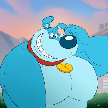 score_9, score_8_up, score_8, furry, MeatDog, canine, blue fur, blue body, blue nose, red collar, cartoon style, 2d, overweight male, huge pecs, solo, upper body focus, face close up, looking at viewer, devious smile, grin, outside