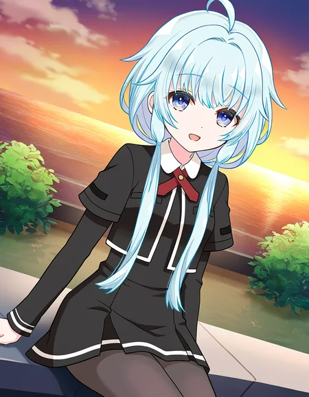 masterpiece, best quality, newest, absurdres, highres, safe, 1girl, sena mikoto \(school uniform\), magia record: mahou shoujo madoka magica gaiden, blue hair, solo, sitting, open mouth, outdoors, dutch angle, <lora:sena_mikoto_noobaiXLNAIXL_vPred10Version:0.7>