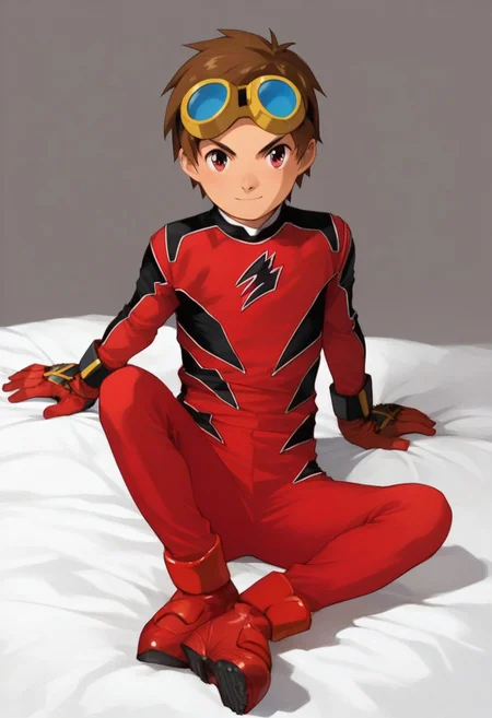 score_9, score_8_up, score_7_up, zPDXL2, 
1boy, solo, goggles on head, brown hair, 
,sitting on bed,
geki red, red bodysuit, black markings,   red gloves, red boots,