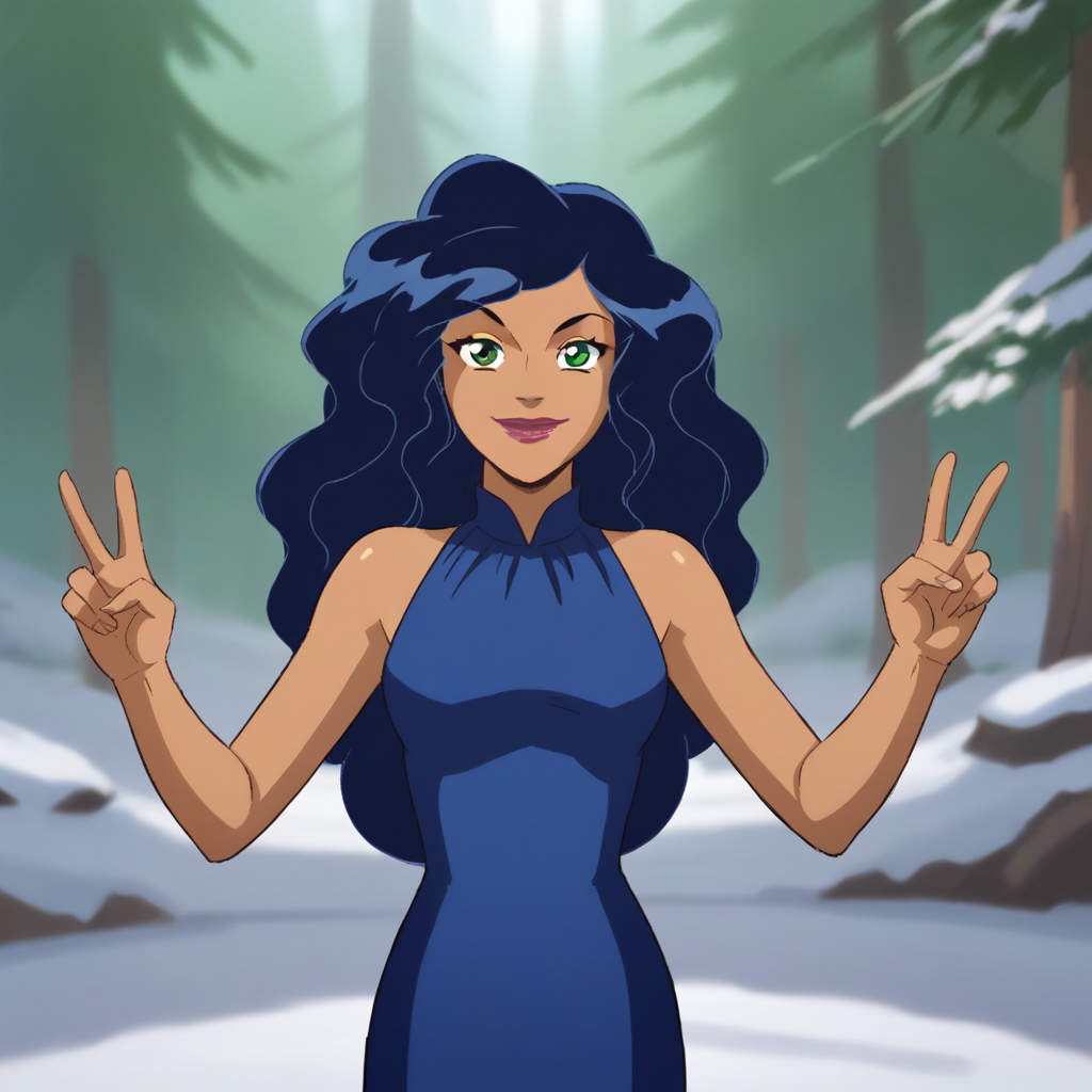 score_9_up, score_8_up, BREAK, Caitlin, 1girl, solo, blue hair, long hair, green eyes, dark skin, lipstick,  light smile, blue dress, cowboy shot, double v,  <lora:Caitlin_TotallySpies_PXL_Leaf2-000019:0.9>, forest, looking at viewer,