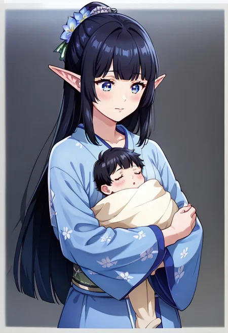 (ultra-detailed, ultra detailed), (master piece, best quality, high resolution), zPDXL, (score 9), (score 8 up), (score 7 up), (score 6 up:0.5), (high quality face), ultra quality face, (super detailed beautiful face), detailed face, beautiful eyes, detailed eyes, extremely detailed,
source_anime, anime screencap, Anime Screencap, animation, (2D),
1girl, score_9,score_8_up,score_7_up, blanket over body,
elf ,pointy ears, blue eyes and long black hair, couplelunia, blue kimono, long black hair mother, wide long sleeves blue kimono, white sock, green obi, himecut, hime cut, blush, black hair wife, blue eyes, close up shot, upper body, blue flower hairpin,
looking down at baby, sitting down, (baby sleeping), baby carry, holding baby,