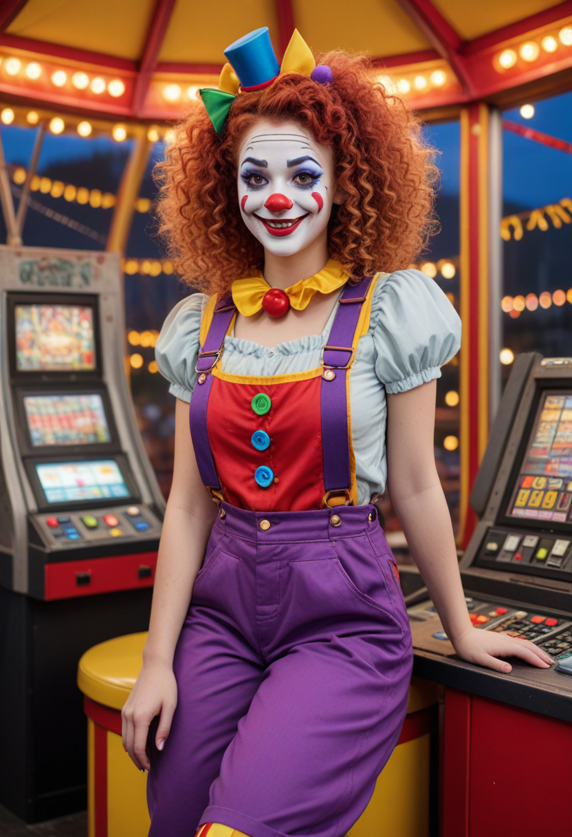 (medium full shot) of (lovely clown) young woman, big curly hair,              wearing a purple  clown vest with big buttons,patchwork overalls,jester shoes, rainbow suspenders, red nose, smiling at the viewer, set in  Ferris Wheel Operator Booth, Cozy space with a control panel for ride operation, a cushioned swivel chair, a small table holding a radio and paperwork, panoramic windows offering views of the park, a bin for storing tickets and tokens, at night, Masterpiece,best quality, photorealistic, amazing quality, very aesthetic, extremely detailed face,