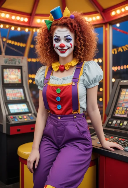(medium full shot) of (lovely clown) young woman, big curly hair, wearing a purple clown vest with big buttons,patchwork overalls,jester shoes, rainbow suspenders, red nose, smiling at the viewer, set in Ferris Wheel Operator Booth, Cozy space with a control panel for ride operation, a cushioned swivel chair, a small table holding a radio and paperwork, panoramic windows offering views of the park, a bin for storing tickets and tokens, at night, Masterpiece,best quality, photorealistic, amazing quality, very aesthetic, extremely detailed face,