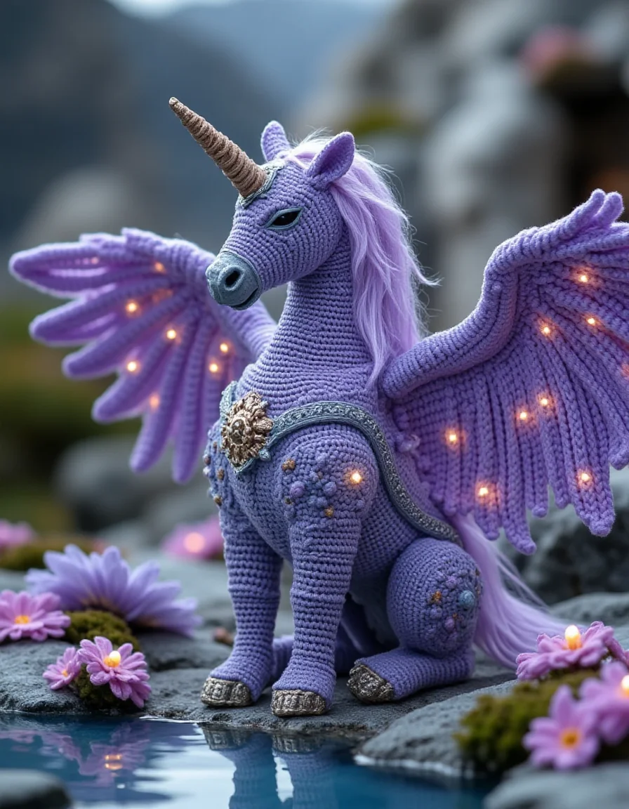 Depict a winged unicorn wearing ral-kntarmr, its crochet armor shimmering in hues of lavender and silver, designed with delicate star motifs. The unicornâs wings are partially armored with lightweight, woven plating, and its glowing horn casts soft golden light. It stands by a crystalline pool surrounded by luminous flowers, blending elegance and enchantment.
<lora:ral-kntarmr-flux:1>
