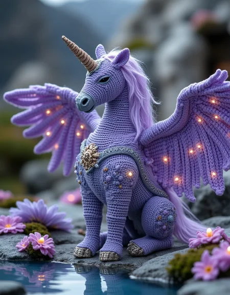 Depict a winged unicorn wearing ral-kntarmr, its crochet armor shimmering in hues of lavender and silver, designed with delicate star motifs. The unicornâs wings are partially armored with lightweight, woven plating, and its glowing horn casts soft golden light. It stands by a crystalline pool surrounded by luminous flowers, blending elegance and enchantment.
<lora:ral-kntarmr-flux:1>