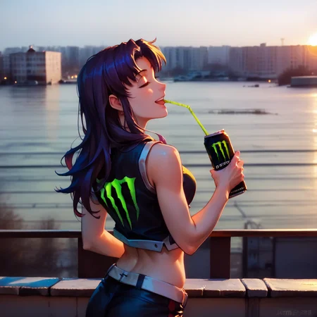 score_9, score_8_up, score_7_up, (animeirl), katsuragi misato, rooftop,drinking,monster energy, from behind, from side,happy, day, <lora:Animeirl v3 GLoRA PDXL Anzhc:1>