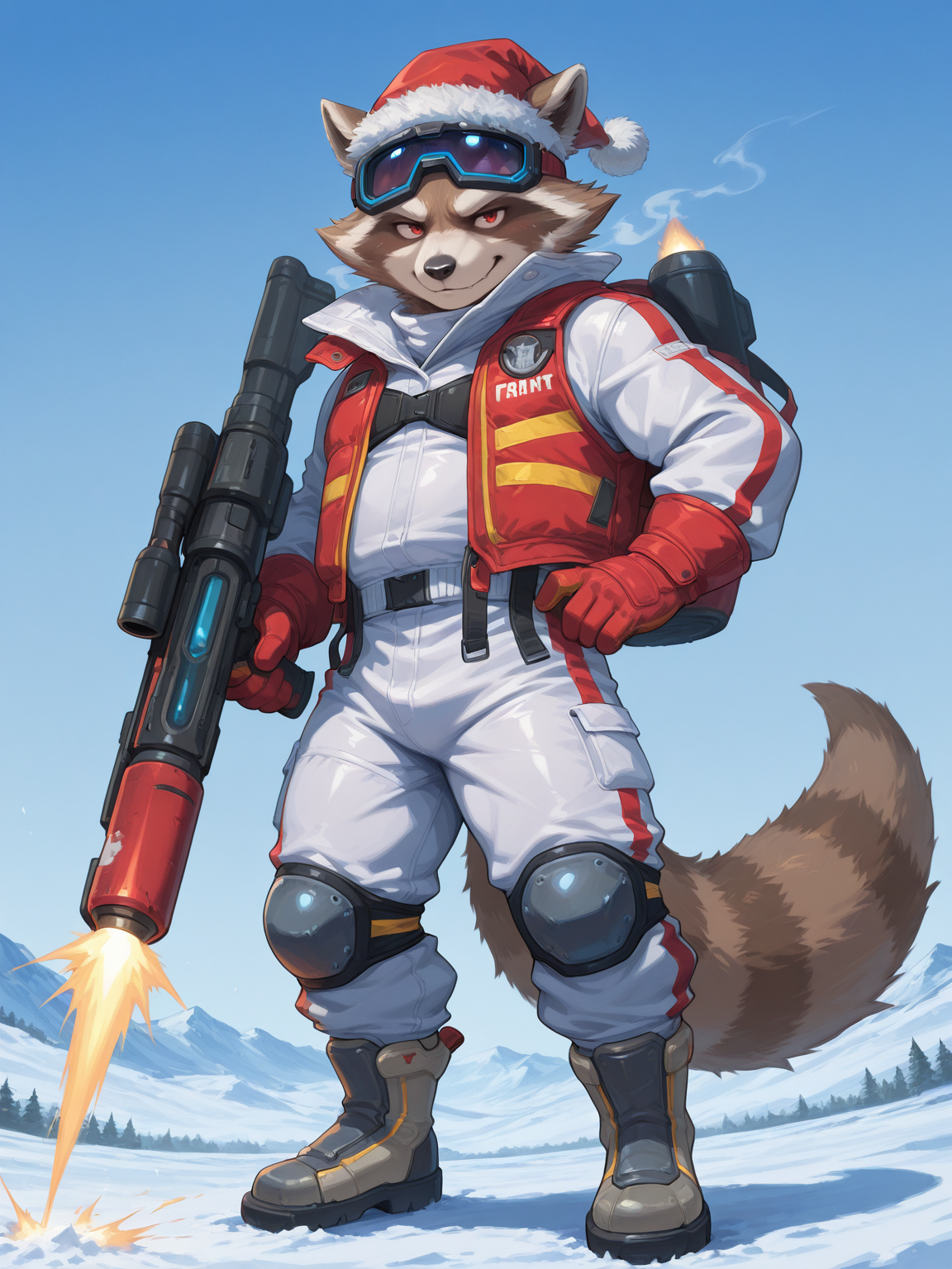 <lora:Rocket Raccoon-ChristmasSkin-illustriousXLNEW-000012:0.8>,rocket raccoon,furry,1boy,solo,plump,furry male,male focus,red eyes,winter combat uniform,crampon boots,goggles,santa hat,gloves,holding gun,tail,cover,looking_at_viewer,digital painting,artwork,anime style,masterpiece,best quality,amazing quality,