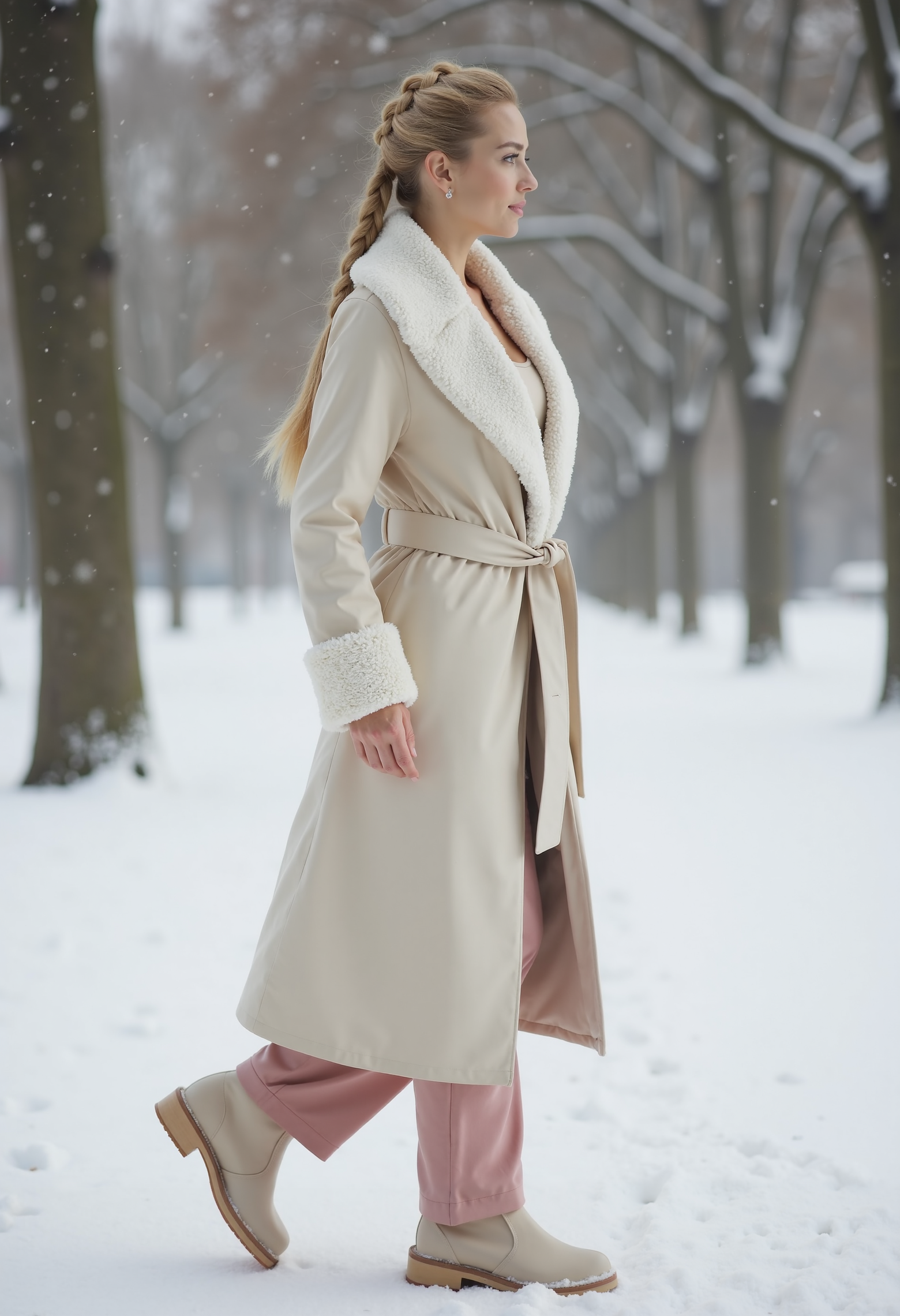full body shot, beautiful woman, blond braided ponytail, clo023, wearing a closed longline cream coat, shearling collar and cuffs, belted at the waist, pink warm trousers, warm boots, walking in the snow in a park, snowing, side view