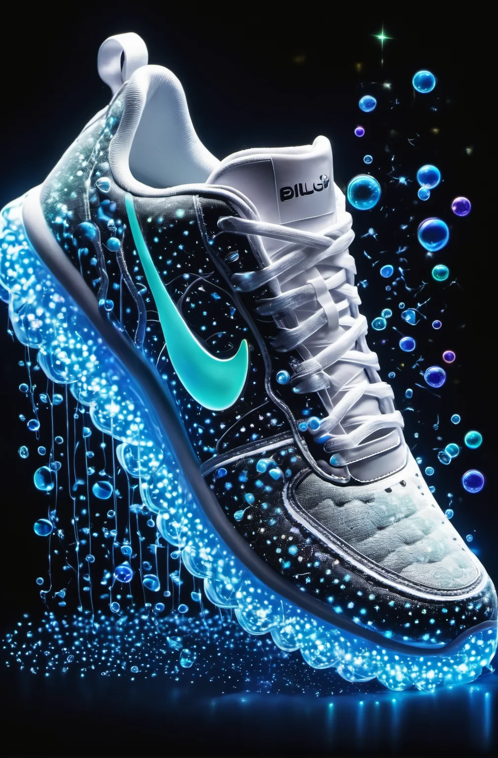 sneakers, bioluminescent, bright luminescence white light, made out of light beams, bubbles, particles, sparkles, glitch