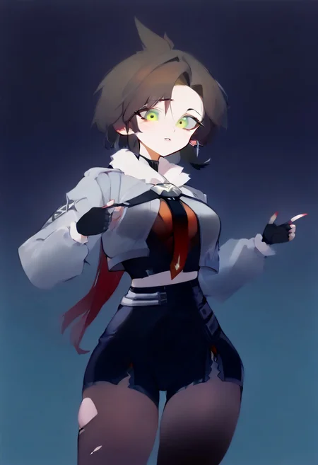 score_9, score_8, score_7_up solo BREAK
1girl, BREAK medium breasts, seductive look,by yuio, <lora:yuio_style_PONYXL:1>,<lora:Mizah_style:1>,<lora:J.K_Pony_test_v1:1>,
BREAK Tracerkpop , Tracer (overwatch),looking at viewer,blush,<lora:Lord_Moku:1.3> BREAK janedoeSDXL,1girl,long hair,shirt,black hair,thighhighs,long sleeves,green eyes,jacket,tail,pantyhose,red hair,parted lips,necktie,black gloves,belt,fingerless ear piercing,gloves,open jacket,fingernails,neckerchief,torn clothes,fur trim,black shorts,red necktie,zipper,grey jacket,fur-trimmed jacket,zipper pull tab,torn pantyhose,torn thighhighs,high-waist shorts,torn,
