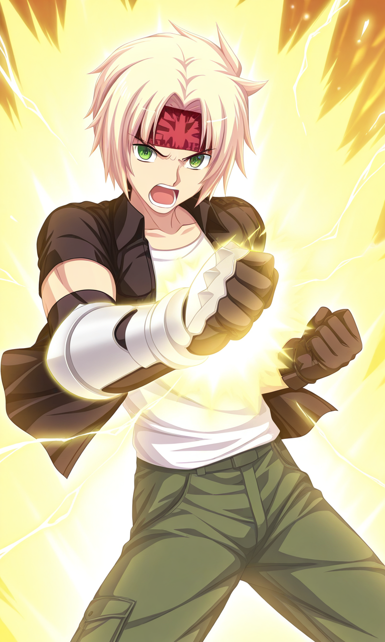 1boy, solo, ryuichiexaexsfa, blonde hair, short hair, parted bangs, green eyes, print headband, jacket, short sleeves, tanktop, single glove, single gauntlet, green pants, electricity, yellow aura, glowing, cowboy shot, open mouth, serious, punching, shouting, looking at viewer, dynamic pose, fighting stance,