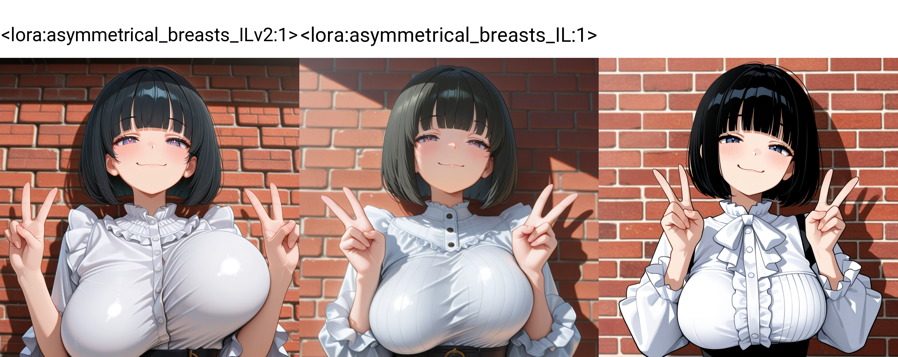 masterpiece,best quality,highres illustration,detailed face,1girl,upper body,<lora:asymmetrical_breasts_ILv2:1>,asymmetrical breasts,black hair,blunt bangs,bob cut,frilled shirt,double v,smug,brick wall,