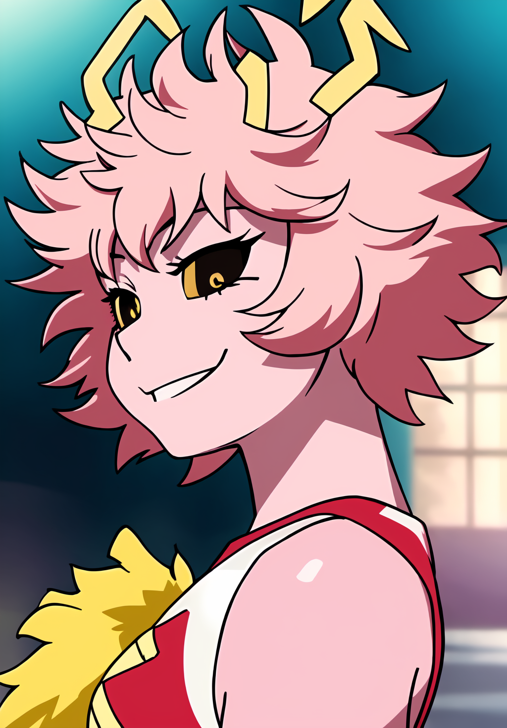 <lora:mina_ashidov2:0.8>, mina_ashido, (masterpiece, best quality,perfect lighting), 1girl, solo, smirk, strike a pose, portrait, orange cheerleader, from side, looking at viewer, colored skin,