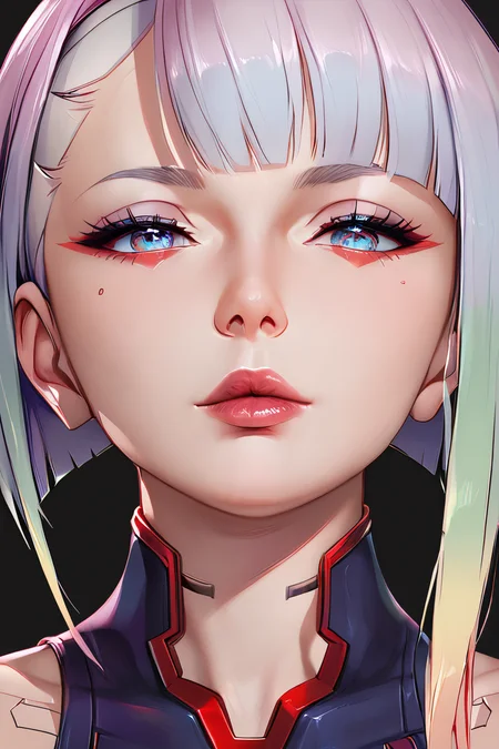 score_9,score_8_up,score_7_up,
<lora:Lucy_Pony:1>,
lucyna,fanart,art style: eye close-up,eye details,(beautiful detailed eyes:1.3),solo,1girl,close-up,bangs,looking at viewer,makeup,portrait,lucy,(cyberpunk),white hair,closed mouth,lips,fingernails,eyelashes,red lips,
blunt bangs,multicolored eyes,eyeliner,red eyeliner,blue eyes,lipstick,black background,(eyes_focus:1.4),