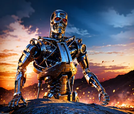 apocalipse buildings destructed  landscape backgroud full body shot (Realisitc:1.5) man terminator, <lora:EdobTerminator_v1.0:0.8>