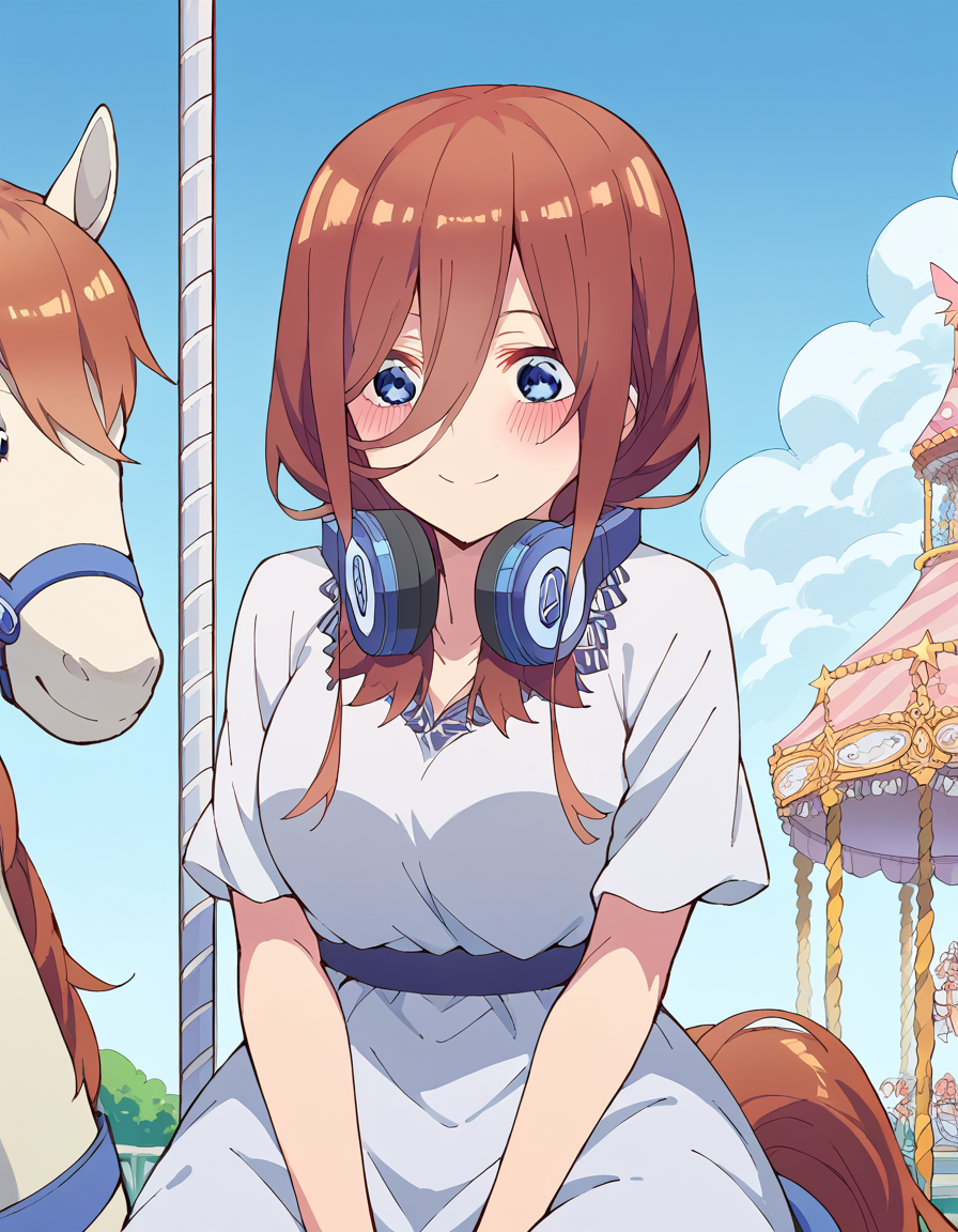 score_9, score_8_up, score_7_up, source_anime, <lora:miku-nakano-s2-ponyxl-lora-nochekaiser:1>, miku nakano, long hair, bangs, blue eyes, brown hair, hair between eyes, headphones, headphones around neck, large breasts,, <lora:carousel-ponyxl-lora-nochekaiser:1>, carousel, sitting, riding,, blush, smile, casual dress, solo,,