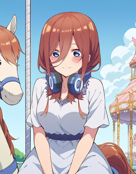 score_9, score_8_up, score_7_up, source_anime, <lora:miku-nakano-s2-ponyxl-lora-nochekaiser:1>, miku nakano, long hair, bangs, blue eyes, brown hair, hair between eyes, headphones, headphones around neck, large breasts,, <lora:carousel-ponyxl-lora-nochekaiser:1>, carousel, sitting, riding,, blush, smile, casual dress, solo,,
