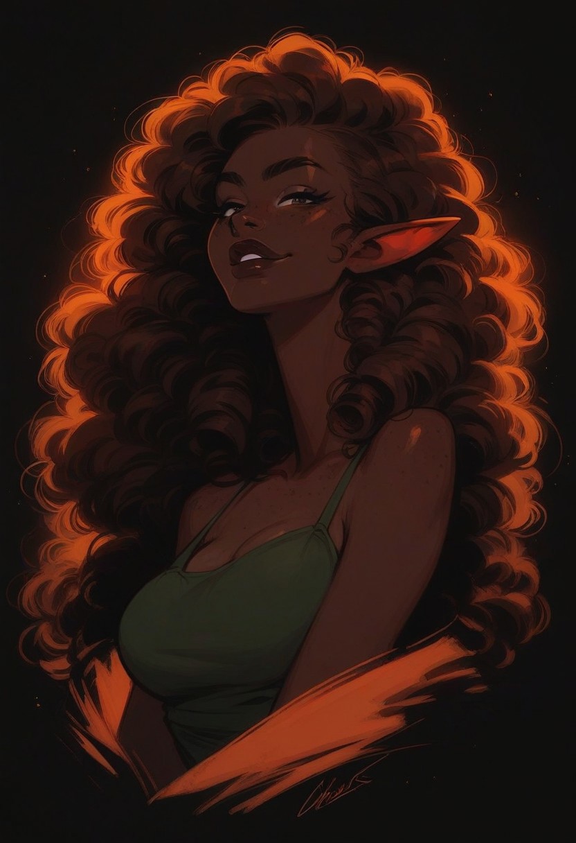 score_9, score_8_up, score_7_up, solo, brown hair,  (big lips:0.8), smirk, freckles, skinny, dark skin, dark lips, medium breasts, dark background, elf, cute, clothed,  curly hair, full body, big hair, thin, bursting breasts