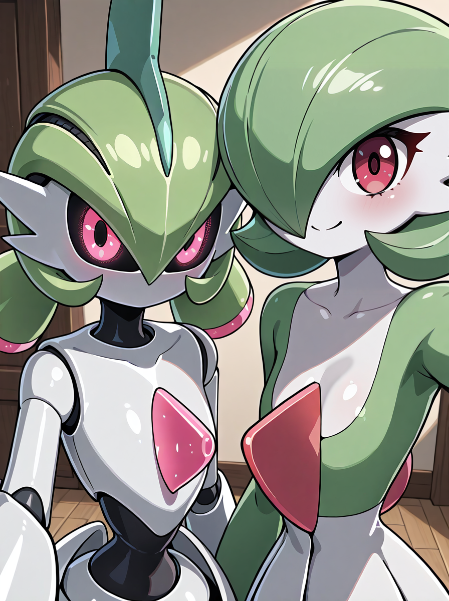 masterpiece, best quality, amazing quality, very aesthetic, absurdres, newest  anime screenshot,  anime coloring,  2girls side-by-side,looking at viewer, upper body, selfie, 
BREAK <lora:ironvalinatillust:1>green hair, ironvaliantillust, pokemon (creature), colored skin,, white skin, pink eyes, humanoid robot,   
BREAK gardevoir,  gardevoir, pokemon, 1girl, white skin, two-tone skin, green skin, red eyes, hair over one eye, one eye covered, short hair, green hair, bob cut, flat chest, pokemon (creature) smile
