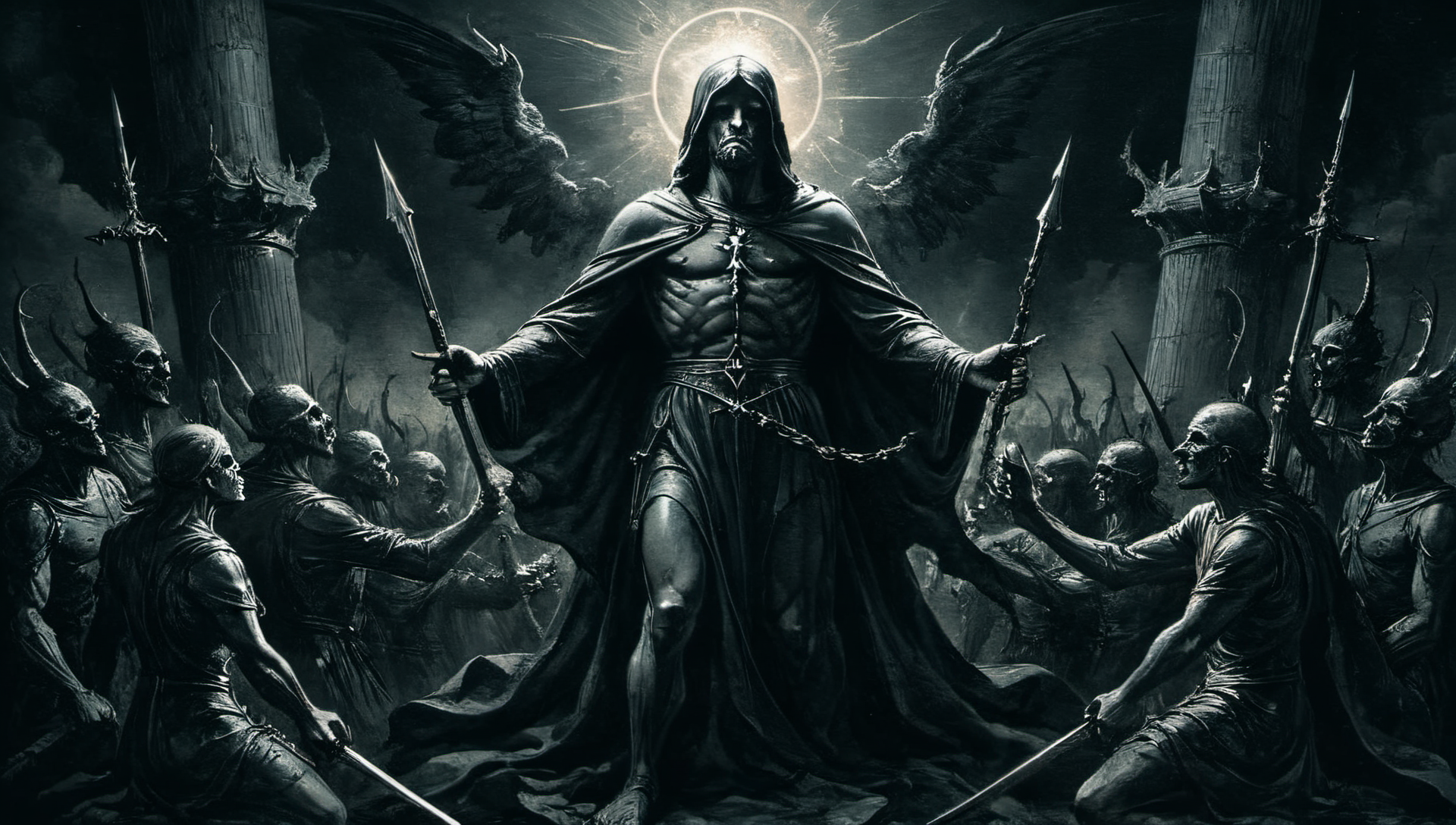 For our struggle is not against flesh and blood,but against the rulers,against the authorities,against the powers of this dark world and against the spiritual forces of evil in the heavenly realms.,style of benjamin carre,illustration