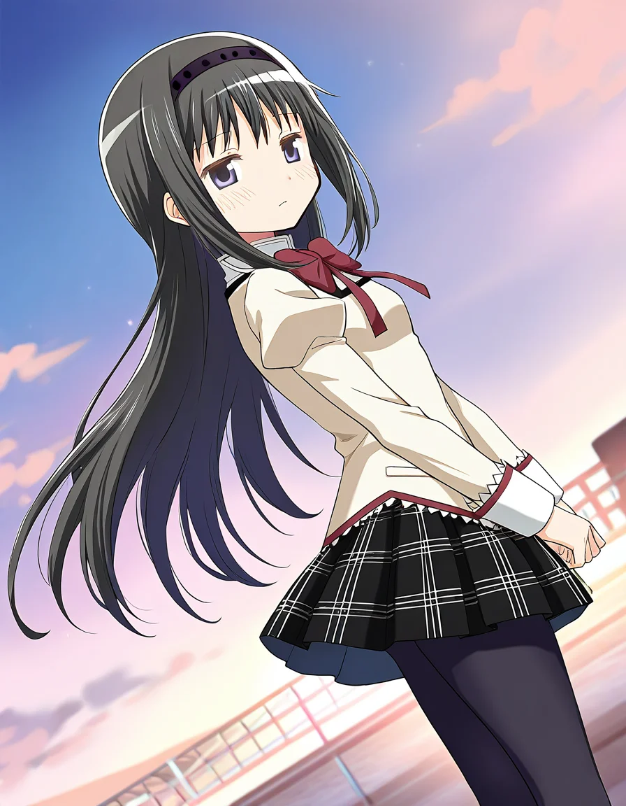 masterpiece, best quality, newest, absurdres, highres, safe, 1girl, akemi homura \(school uniform\), magia record: mahou shoujo madoka magica gaiden, pantyhose, solo, from side, outdoors, dutch angle, <lora:20241226152250_akemi_homura_noobaiXLNAIXL_vPred10Version:0.7>