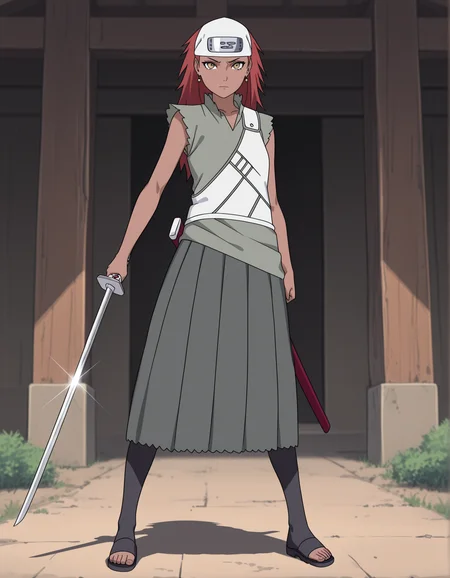 masterpiece,best quality, absurdres, highres, <lora:Karui Illu:0.9> karuiillu, forehead protector, green shirt, grey skirt, white vest, earrings, looking at viewer, outside, holding weapon, katana, sandals, standing, pointing sword,