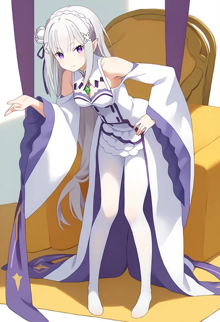 score_9, score_8_up, score_7_up, source_anime,
BREAK
<lora:shiPantyhoseV1:1>, shiwhitehose,
white pantyhose, fine fabric emphasis,
1girl, solo, full body, leaning forward, hand on own hip, from side,
<lora:shiEmiliaV2:1> shimilia, long hair, grey hair, purple eyes, pointy ears, crown braid, hair flower, hair ribbon, purple ribbon, x hair ornament, white dress, cleavage, bare shoulders, wide sleeves,
blush, smug,
looking at viewer,
