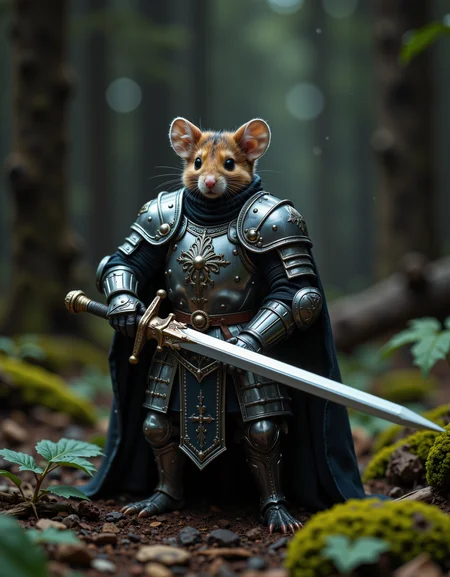 A mouse is a knight, wearing detailed ornate shiny silver armor and weilding a large sword. Detailed artistic photography. Renaissance style pose and clothing/armor. The background is a dense, dark coniferous forest. Atmospheric nature photography.
