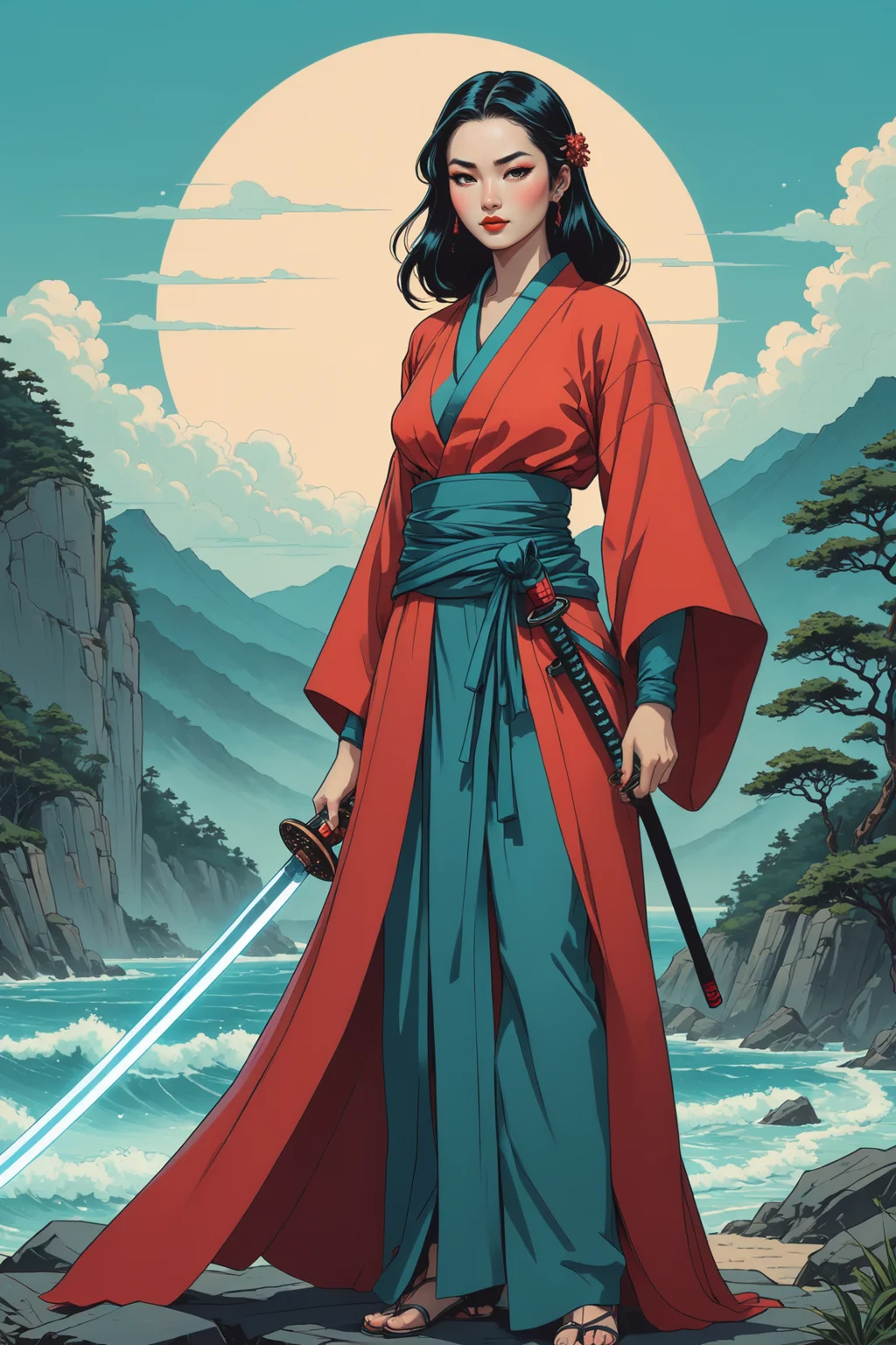<lora:EnvyCelShadedXL01:0.75> ,retro, sorcerous, sorcery, unearthly, ,by Duy Huynh and Alena Aenami in the style of Harumi Hironaka,full body length 8k photorealistic cinematic , godess wielding a katana <lora:katana:0.35>