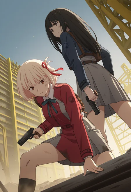 <lora:Chisato&Takina_Illustrious-000056:1>,
Chisato NISHIKIGI,blonde hair,
Takina INOUE,black hair,
closed mouth,cowboy shot,2girls,construction site,dirty face,dirty clothes,fighting_stance,v-shaped eyebrows,handgun,holding handgun,from_below,cinematic_angle,from behind,standing,squatting