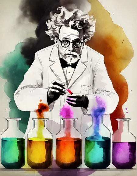 <lora:Aether_Watercolor_and_Ink_v1_SDXL_LoRA:1> A mad scientist in his lab with colourful potions in test tubes with smoke, watercolor, ink, sketch, cinematic, intricate, volumetric