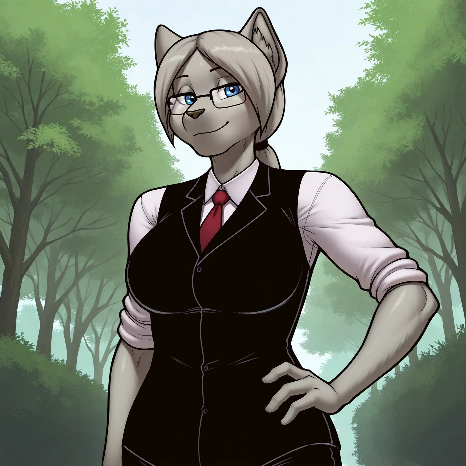 safe_pos, safe_pos, safe_pos, masterpiece, best quality, highly detailed, realistic, 1girl, solo, AgathaJW, furry, anthro, feline, female furry, inner ear fluff, black eyebrows, thin eyebrows, light-brown nose, grey hair, ponytail, long hair, blue eyes, black pupils, square glasses, eyewear, grey body, grey fur, big breasts, office lady, black topwear, white shirt, white sleeves, sleeves rolled up, red tie, black pants, fully clothed, standing, smile, looking at viewer, closed mouth front view, close-up, upper body, street, outdoors, hand on hip, 4 fingers, detailed background, glistening eyes, arrusa narrowed eyes