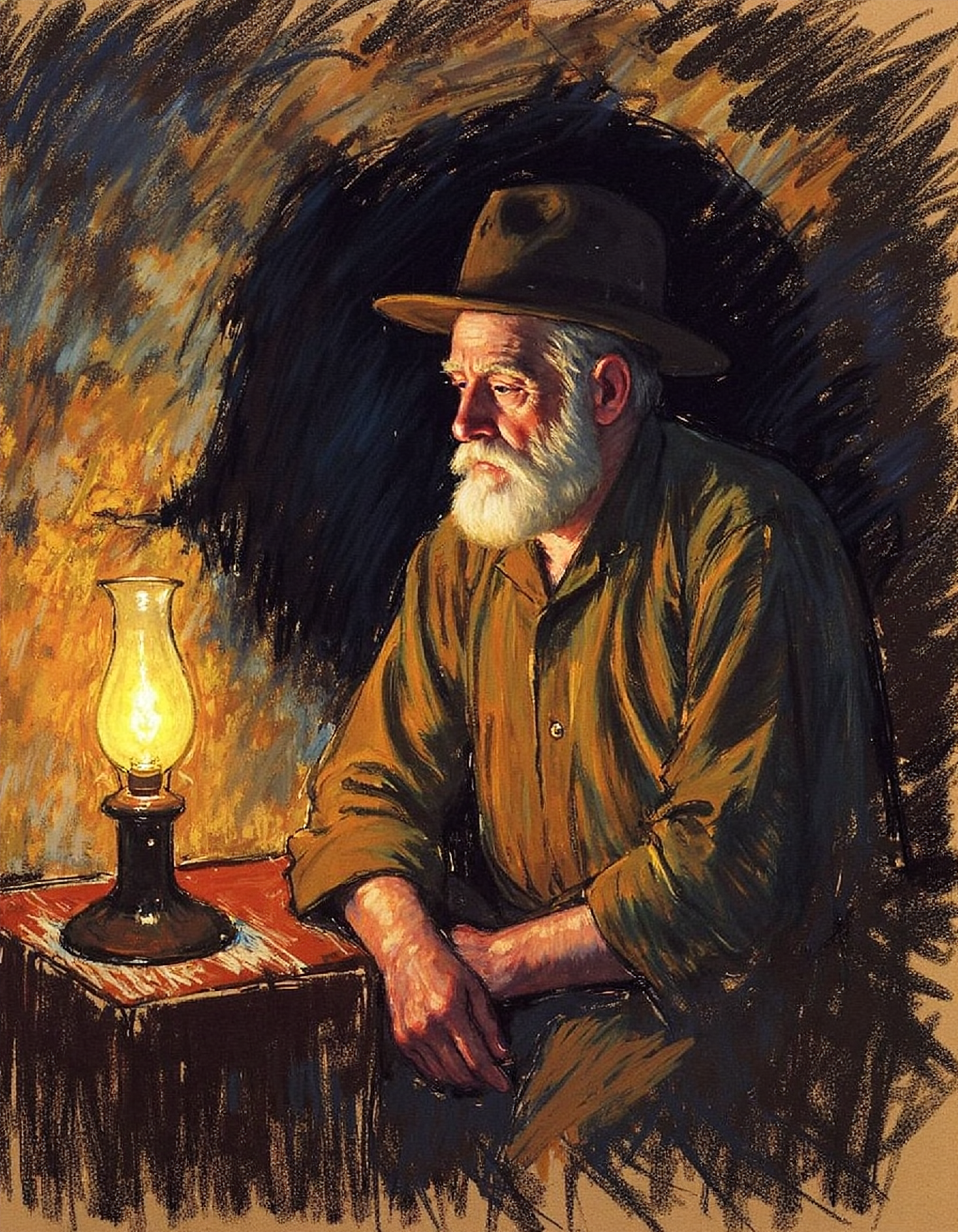 marycassatt2 drawing, an old exhausted miner is sitting in a cave with a petroleum lamp