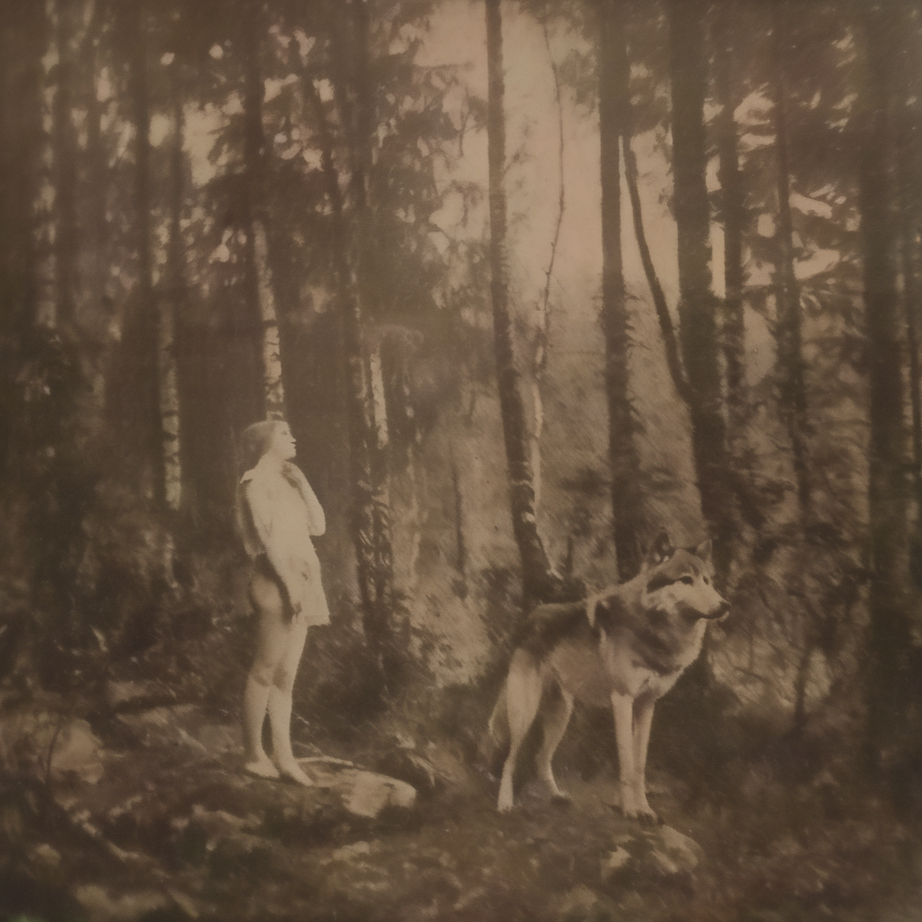 nostellum girl and wolf in forest<lora:nostellum:1>