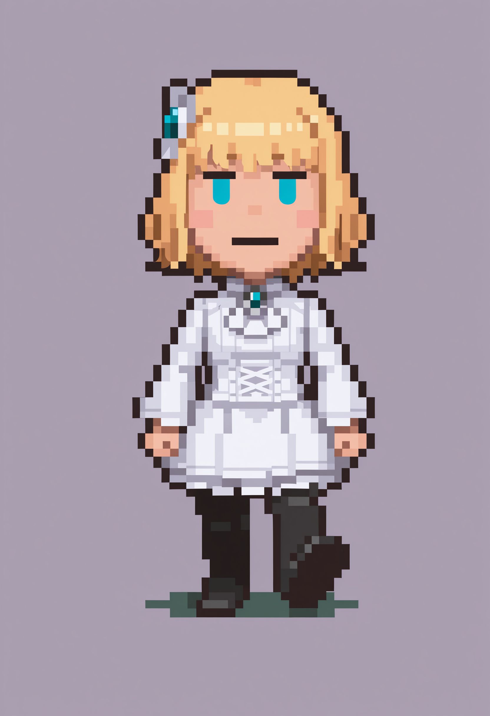 masterpiece,best quality,absurdres,highres,very aesthetic,high quality,detailed,insanely detailed,beautiful,perfect lighting, looking at viewer, 
 <lora:Leivinia Birdway illu:1> 1girl, blonde hair, blue eyes, short hair, white dress, ascot, frills, hair ornament, black pantyhose, long sleeves <lora:EarthboundSprites-illu:1> solo, chibi, pixel art, full body, walking, looking at viewer, solid oval eyes, simple background