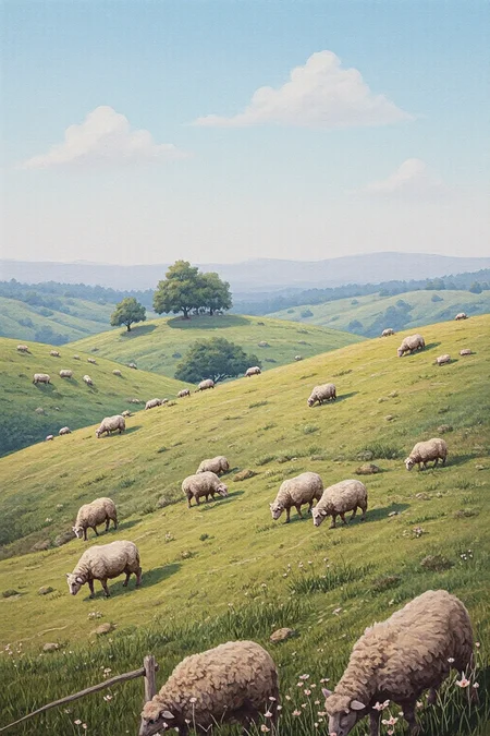 Painting of fluffy wool pastel color hills with fluffy sheep grazing <lora:schnell_v1.0:1.0>